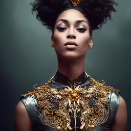 an artistic portrait of a woman with gold jewelry