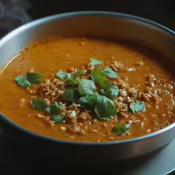 a bowl full of carrot soup with a sprig of parsley