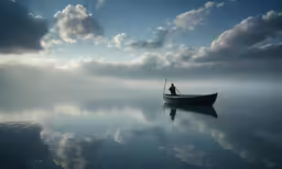 a man in a small boat on the water at high tide