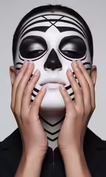 the woman in the white mask is holding her hands to her face