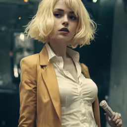 a woman with a short blond hair is standing in an empty room