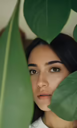 a woman with leaf like leaves peeking out of her face