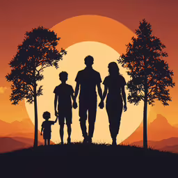 the silhouette of people walking across a hill in front of a full moon,a family walks through the trees as the sun sets