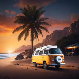 a yellow and white van parked on a beach,an image of the yellow and white vw bus parked on the beach