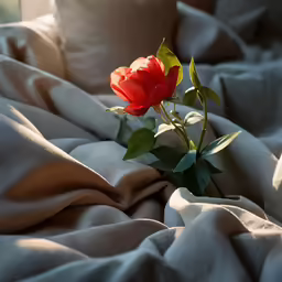 a red rose on the edge of a bed
