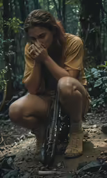 a woman sitting in the middle of the woods with her bike