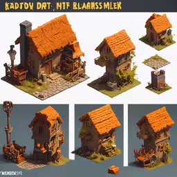 some little houses that are in the middle of different pictures,a collection of miniature models with different styles of buildings