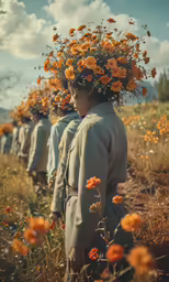 some people standing in a field of flowers
