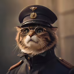 the cat in the uniform is looking to the right