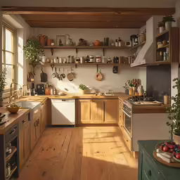 the kitchen with wood flooring is clean and ready to use