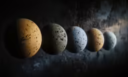 five eggs are lined up against a wall