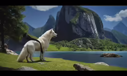 two dogs sit on a field near a lake