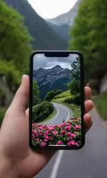 someone is taking a picture on their phone of a road that goes through some mountains