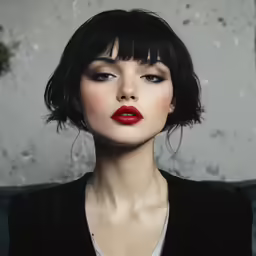 a woman with short black hair is wearing red lipstick