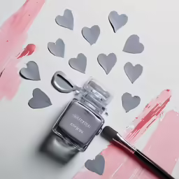 the grey nail is next to a heart and a brush