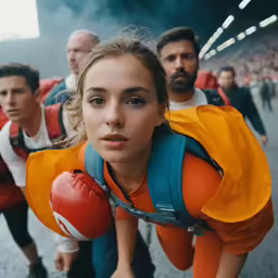 a girl holding an orange punching bag and some other people behind her