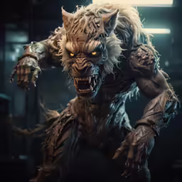 a demon with glowing eyes running through a dark room