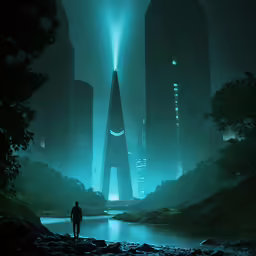 a man stands by the river in the middle of a city