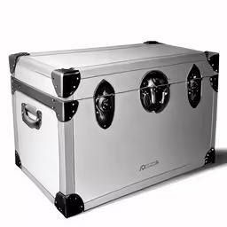a metal trunk with three open doors on top
