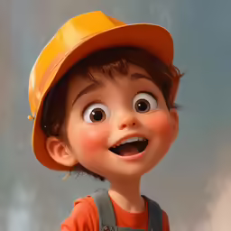a boy wearing a construction hat with an expression