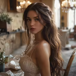 a woman in a dress sitting at a dinner table