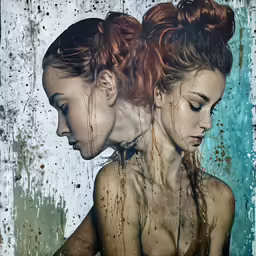 a painting shows two women, one with red hair and one without her face