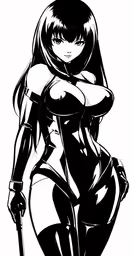 a black and white drawing of a woman in costume