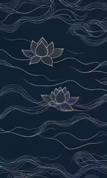 blue water lily and waves, with a gold colored line on the edge