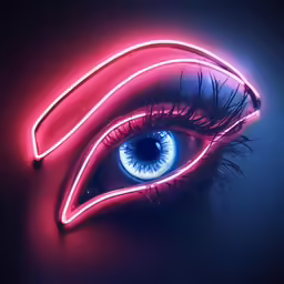 neon blue eyes are seen against a purple background