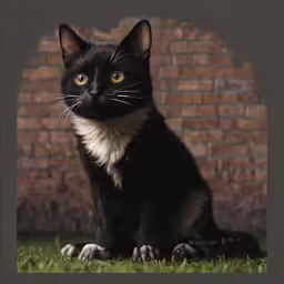 a black cat sitting in the grass with one eye open