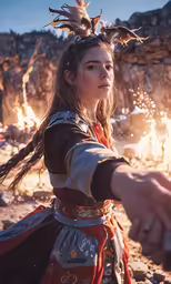 a young girl in costume is holding onto another