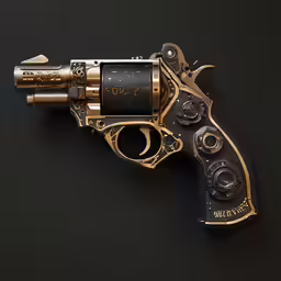 the gold and black revolver has a cigarette in its mouth
