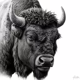 a large bison is standing with horns on his back
