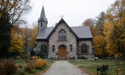 a large church with a big brown door in the middle