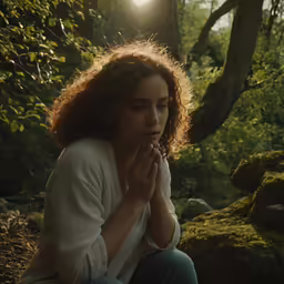a young woman kneeling on the ground with sunlight coming through her hair