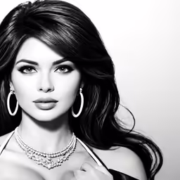 the woman is posing with large hoop earrings