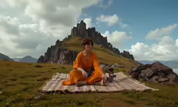 a lady sitting on a blanket on top of a field