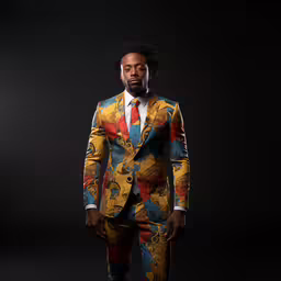 a man in a colorful suit stands with his hand on his hip,a man in a suit with yellow, red and blue