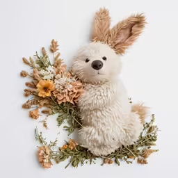 small white stuffed rabbit with flowers in front