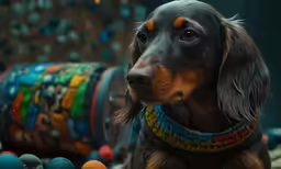 the dog is sitting next to many colorful balls