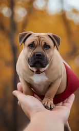 the small dog is perched on a persons hand