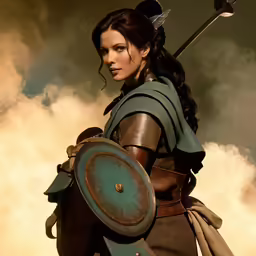 a woman dressed in an armor with a sword and shield