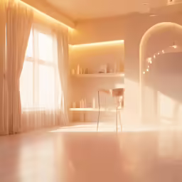 a white living room with a chair in the center and a window