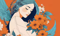 a woman with blue hair and flowers in her hands,a drawing of a woman holding sunflowers