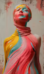 a painting of a woman with paint splatters all over it