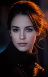 a woman with red hair and blue eyes looking at the camera
