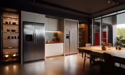 a kitchen with an island and wooden floors