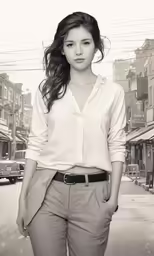 a woman standing on the side walk wearing slacks