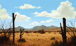 a grassy plain filled with dry bushes and mountains