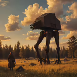 the man is standing in front of a large robot